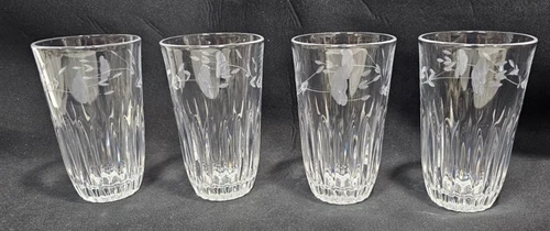 Four 4 Princess House Heritage Etched Glass 12 oz Tumblers, 5 1/2"
