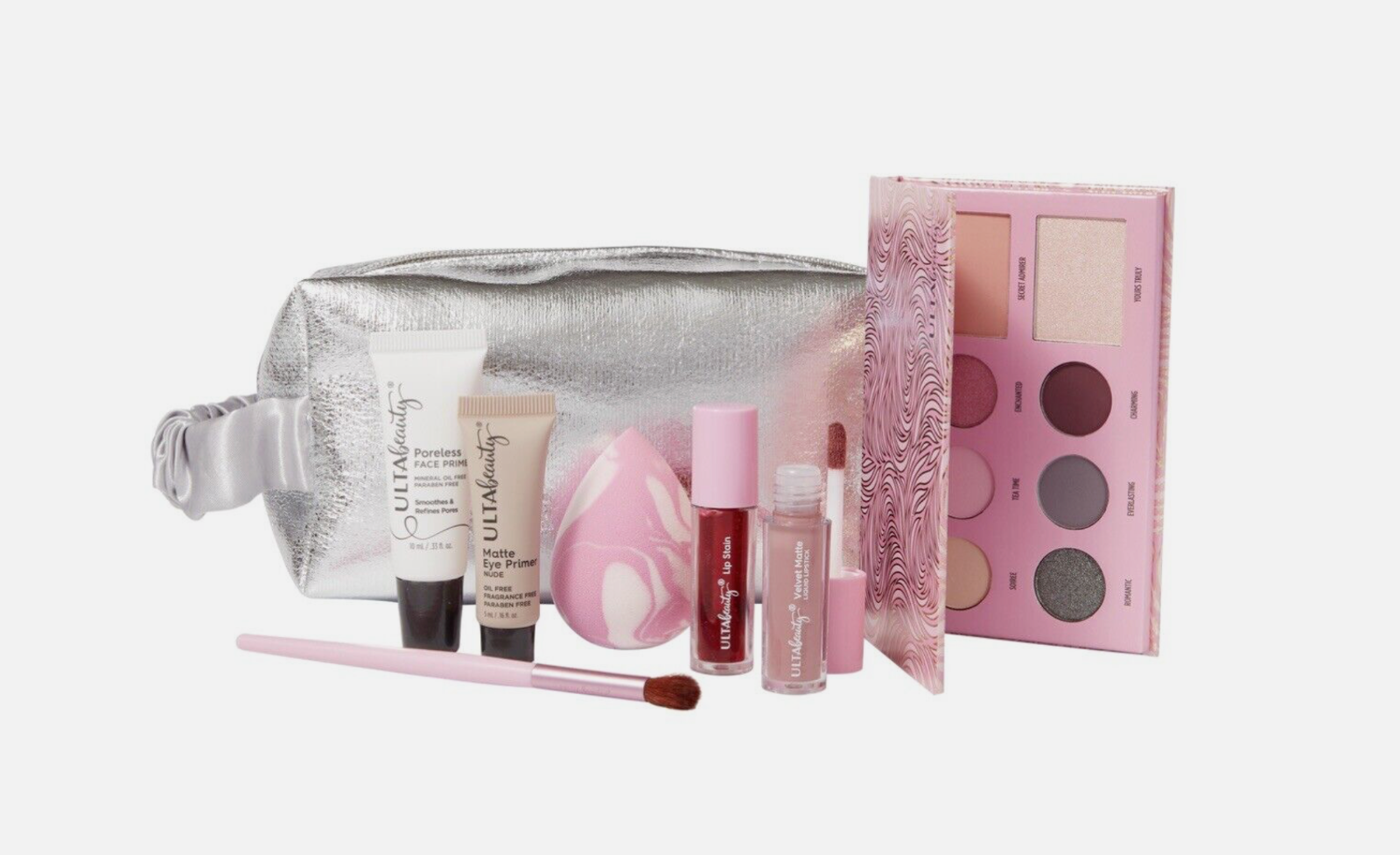 ULTA BEAUTY 2023 8 PIECE GWP SILVER BAG LIPGLOSS EYESHADOW PALETTE 