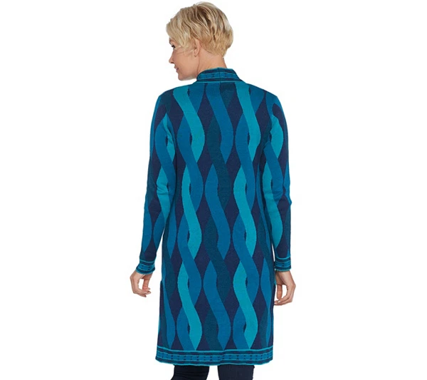 Isaac Mizrahi Live! Cárdigan plumero tejido jacquard Geo Cable, azul [XS] Foto 2 de 2