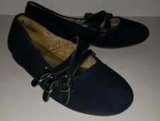 LANDS END navy Blue Suede leather Strappy Buckle Mary Jane Flats. Girls 1