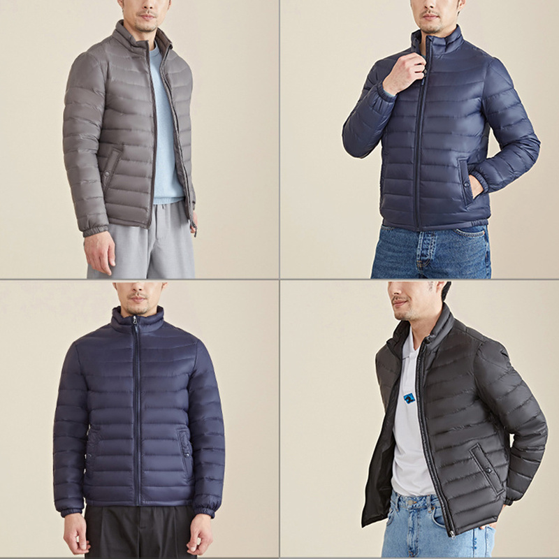 Men's Solid Stand Collar Puffer Jacket - Thermal Down Coat for Casual Outerwear-image