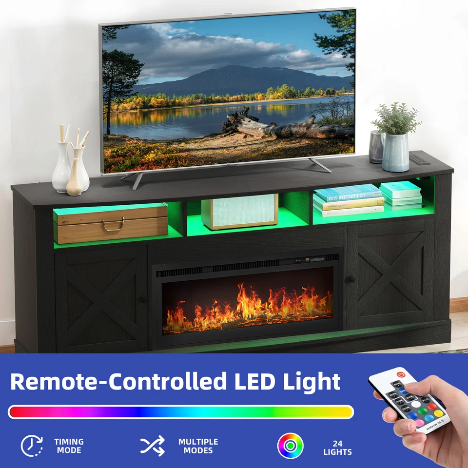 Soporte de TV negro con estantes abiertos tomas de corriente LED para consola de televisores de 50 a 80 pulgadas Foto 4 de 4