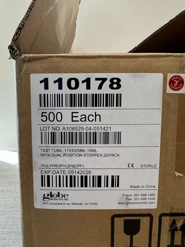 Globe Scientific 14mL Polypropylene Culture Tubes With Caps, Sterile, Case Of 500