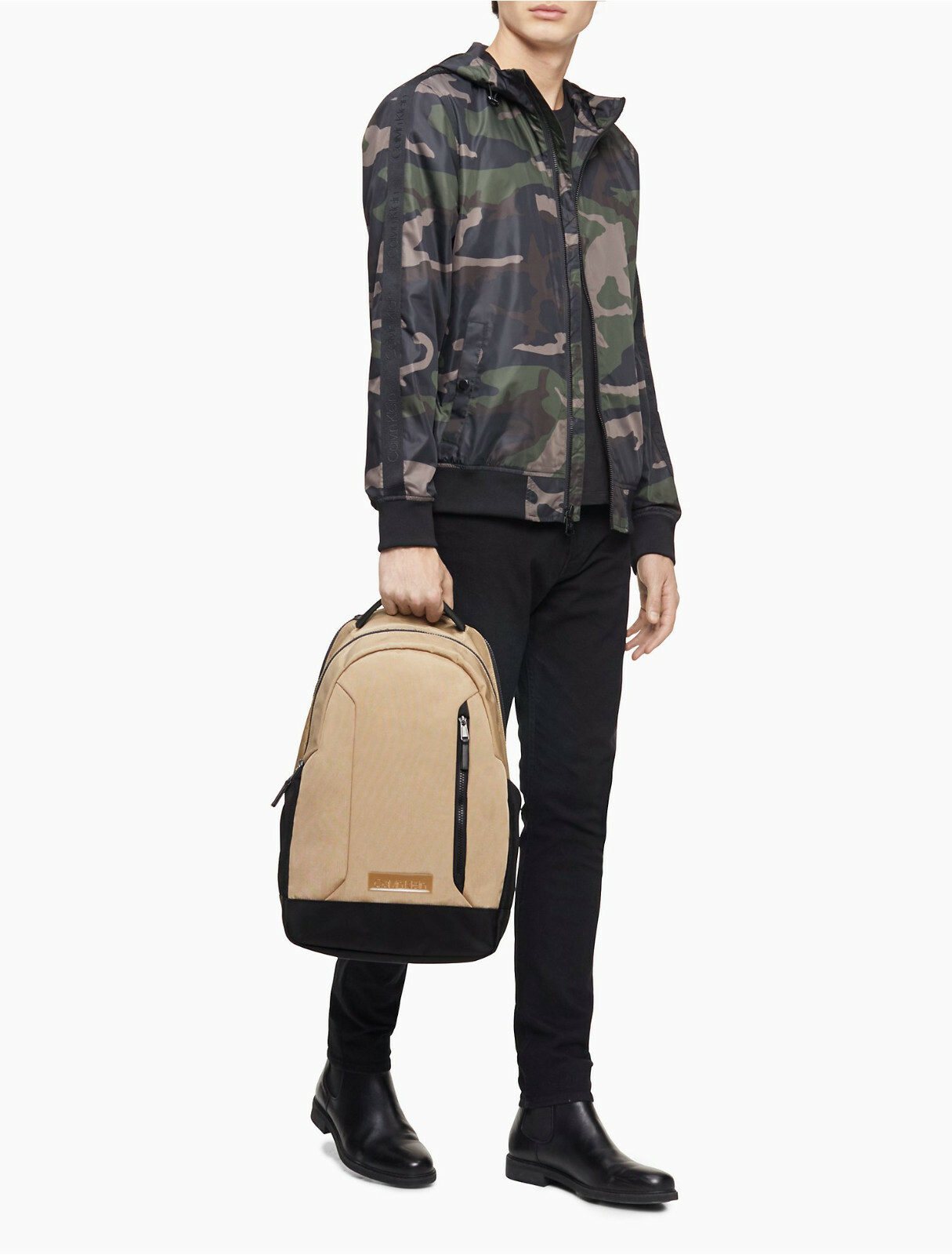 $139.50 Calvin Klein Casual Nylon Double Zip Backpack, Beige