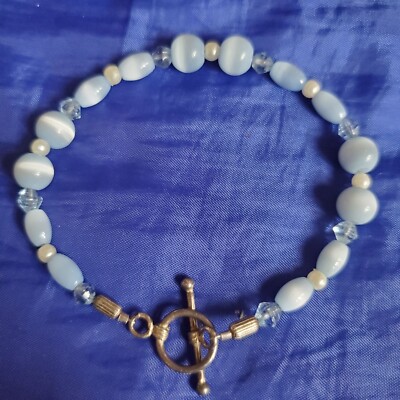 Vintage 8''Bracelet Baby Blue Lucent Glass Cat-Eye Beads & Crystals Toggle Clasp