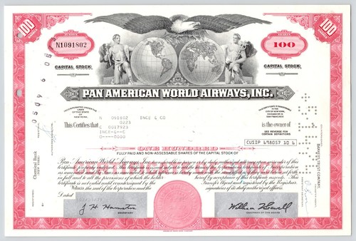 Pan American World Airways Inc c1974 PAN AM Red 100 Stock Certificate Ince & Co - Picture 1 of 5