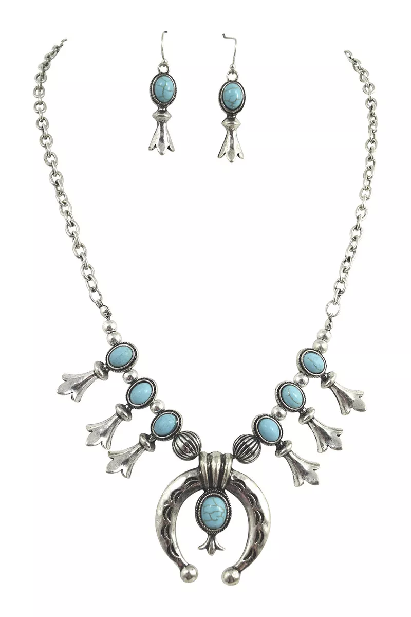 Western Cowgirl Blue Small Squash Blossom Necklace Earrings Set