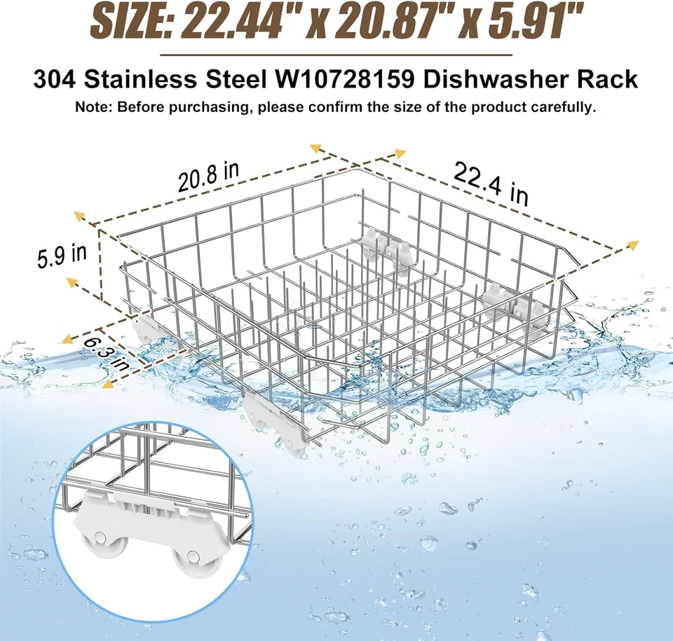 Rack inferior para máquina de lavar louça 304 aço inoxidável W10728159 W10525646 para Kitchenaid - Imagem 2 de 4