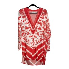 Mud Pie Womens Coral White Tie Dye V-Neck Tun...