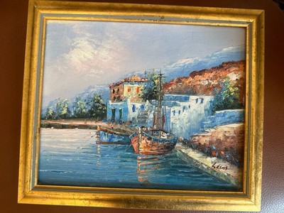 Original Ölgemälde Mittelmeer Hafen Meereslandschaft gerahmt 30x25cm