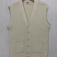 Vintage Kings Road Sears Mens Cable Knit Cardigan Vest Cream L V-Neck Pockets