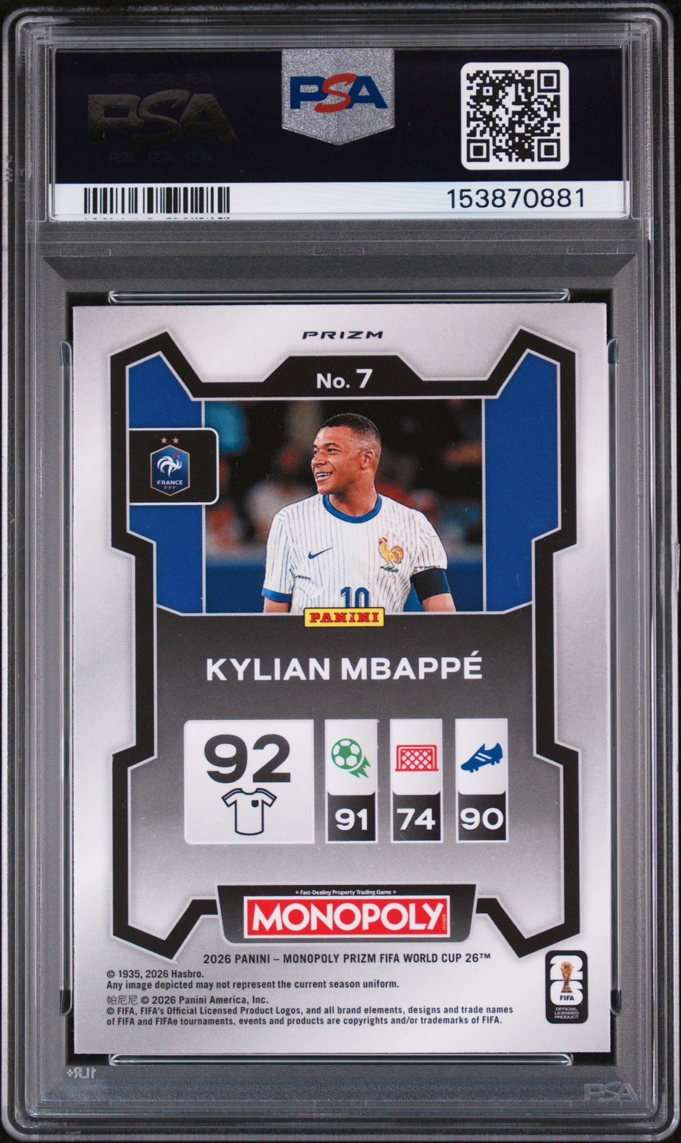 POP 1 PSA 10 Kylian Mbappe Four Cornes Green Wave 2026 Monopoly Prizm World Cup view 2