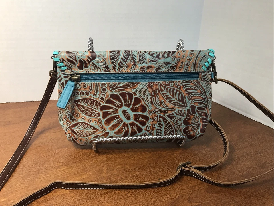 Myra Wristlette Crossbody Hand Tooled Leather Bag Brown And Turquoise - Image 2 of 4