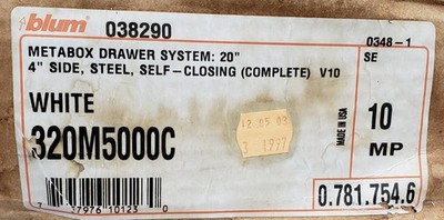 Blum White Metabox 20'' L X 4'' Side Drawer Slide Set 6 Sets 320M5000C 320M500T3C