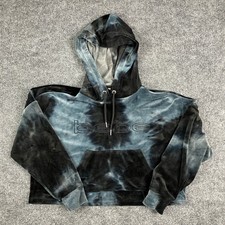 Bebe Sport Hoodie Womens Size M Black Blue Tie-Dye Velour Cropped Pullover Y2K