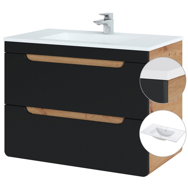 Waschtisch Mit Unterschrank 80Cm Waschbecken Anthrazit Eiche Badezimmer GäSte Wc-image