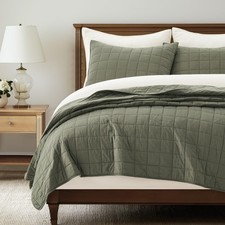 100 Cotton Box Stitch Quilt Bedding Set Queen Size 3 Pieces, Garment-Washed ...