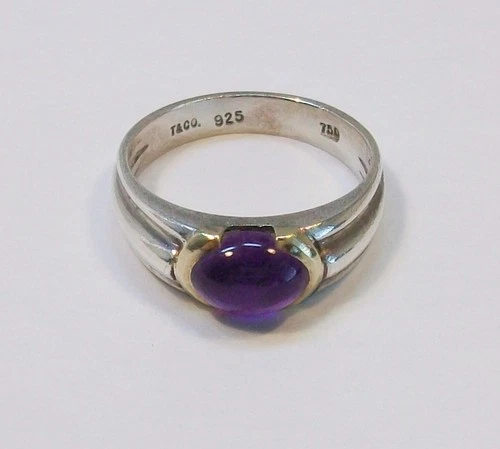 Vintage TIFFANY & CO Sterling (925) & 18K Gold (750) Oval Amethyst Cabochon Ring