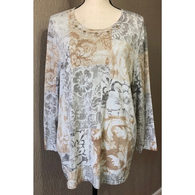 Alfred Dunner Women's Sweater Top Beaded Brown Embellished Shimmer Silver 1X New