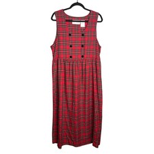 Maxi Vestido Plaza South Vintage Rojo a Cuadros Sin Mangas Talla 10 Negro Terciopelo Botón