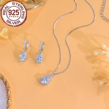 White CZ Round Pendant Necklace Huggie Earrings 925 Sterling Silver Jewelry Set
