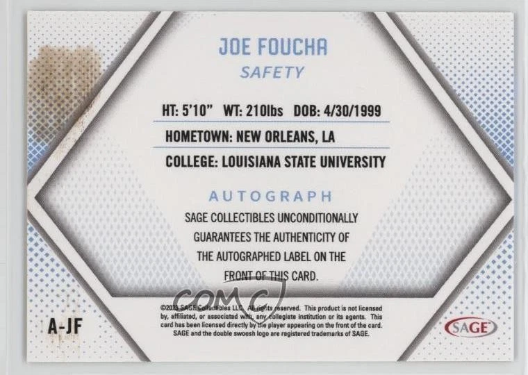 2023 SAGE Low Series Auto Gold /100 Joe Foucha #A-JF Auto - Image 2 of 2