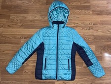Totes Quilted Hooded Puffer Jacket Coat Women’s Size Large Aqua Navy Pockets EUC