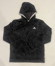 Adidas Kids Youth Hoodie Black Grey Logo Print Sweatshirt Size L 14/16 Polyester
