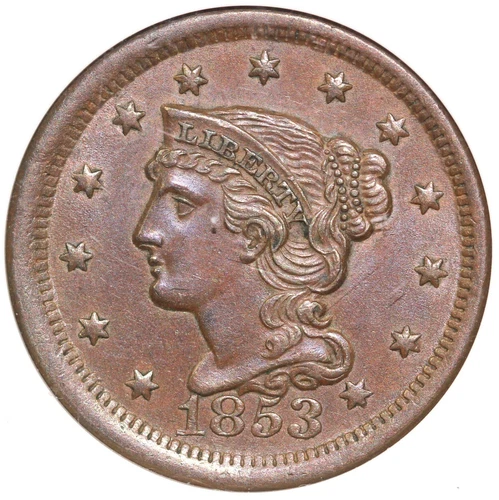 1853 1c N-25 Braided Hair Large Cent NGC MS 62