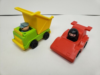 Vintage Fisher Price Little People Race Car And Dump Truck With Drivers