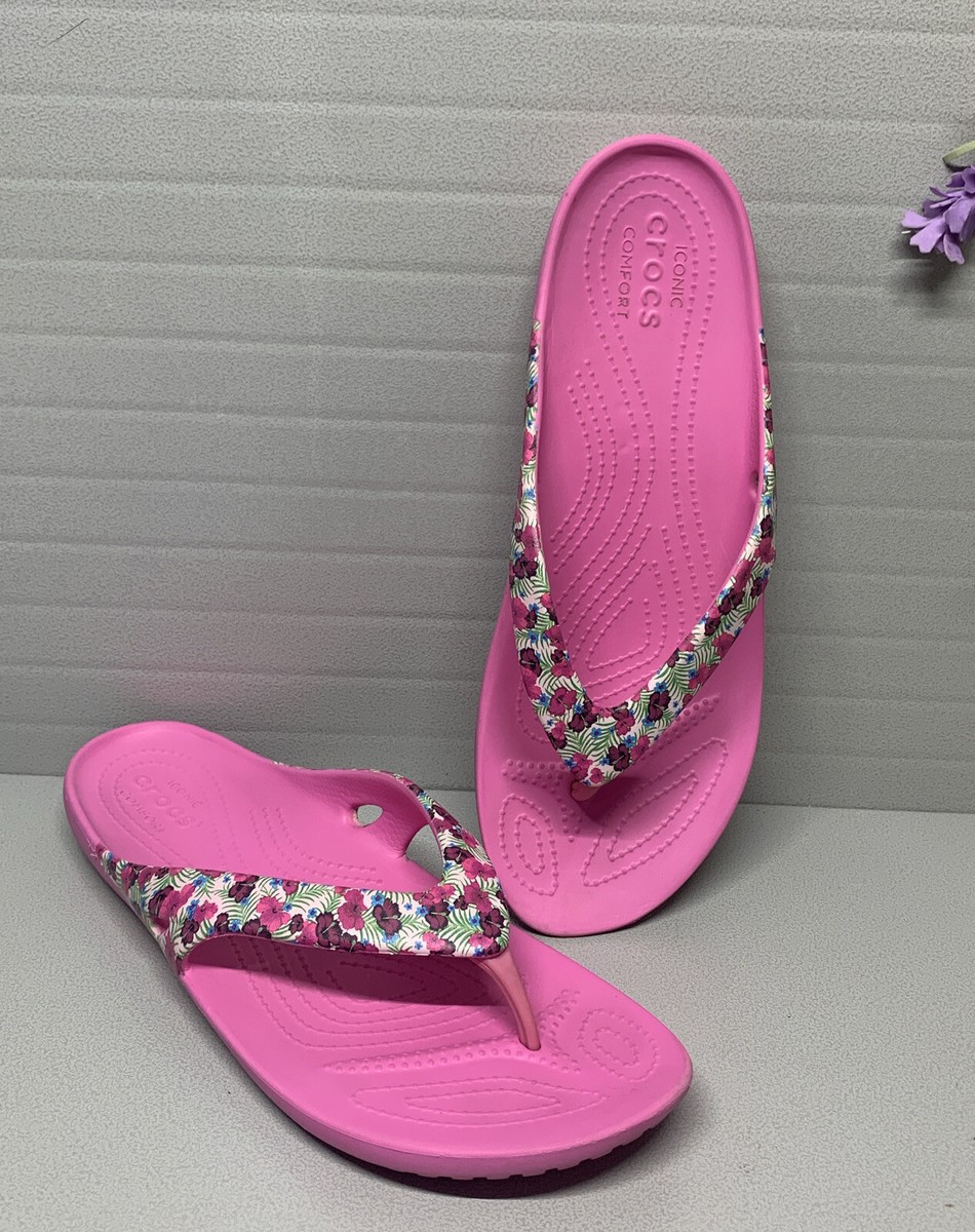 Crocs Kadee II Pink Flip Flops Floral Straps Women's 11 Thong Sandals