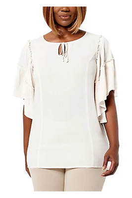 Susan Graver Weekend Rayon Crepe Flutter Sleeve Tunic Antique Ivory