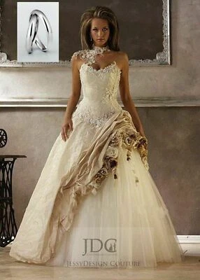 Modernes Corsage Brautkleid mit Rose Champagner Schnürt Neckholder Spitze Tüll - Bild 1 von 4