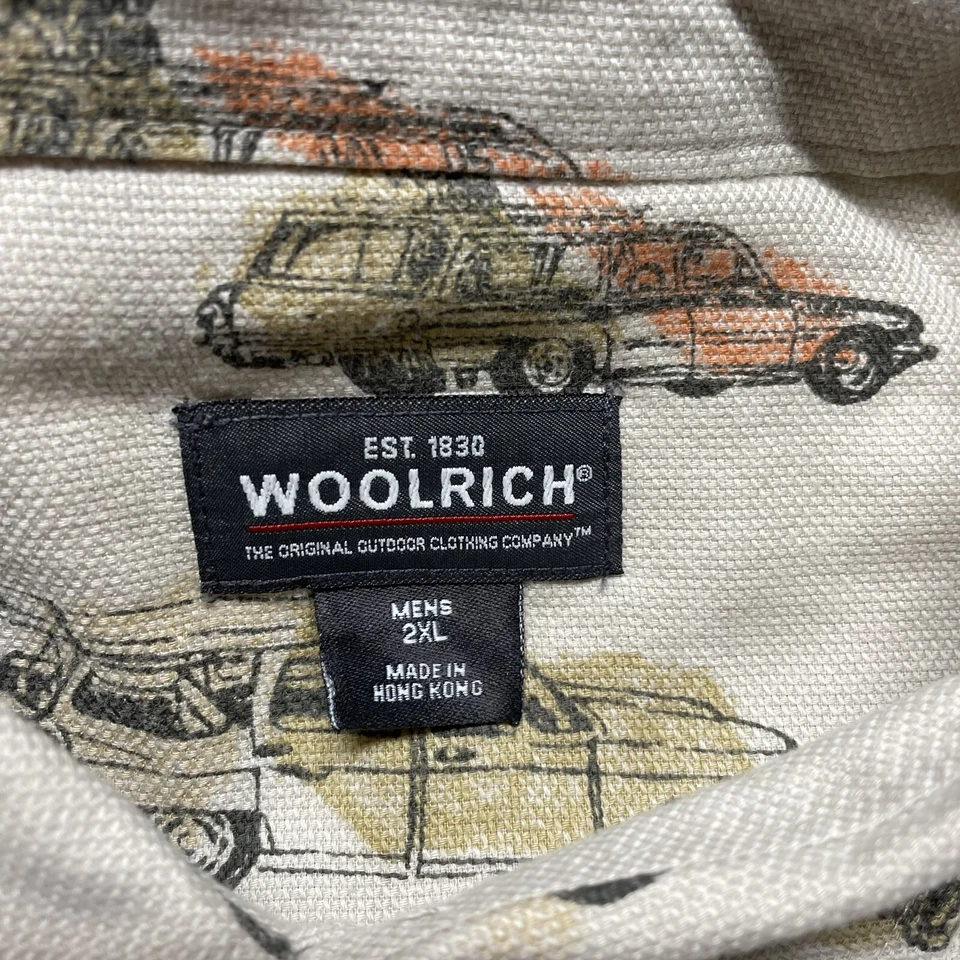 Woolrich Button Up T-Shirt Men’s 2XL Beige Wagon Cars Watercolor Art Hipster Y2K - Image 4 of 4