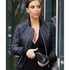 Kim Kardashian Black Bomber Slim Fit Satin Jacket Women