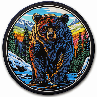 Bear Patch Iron-on Applique Nature Snow River Sun Mountain Wild Animal Badge