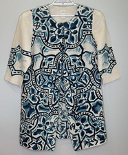 Chico's Womens Jacket Size 1 Blue and Cream Artisan Batik Print Linen 3/4 Sleeve