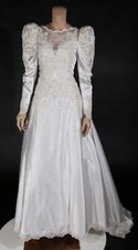 Unbranded Vintage 80s White Satin Beaded Long Sleeve Wedding Dress with Train 12