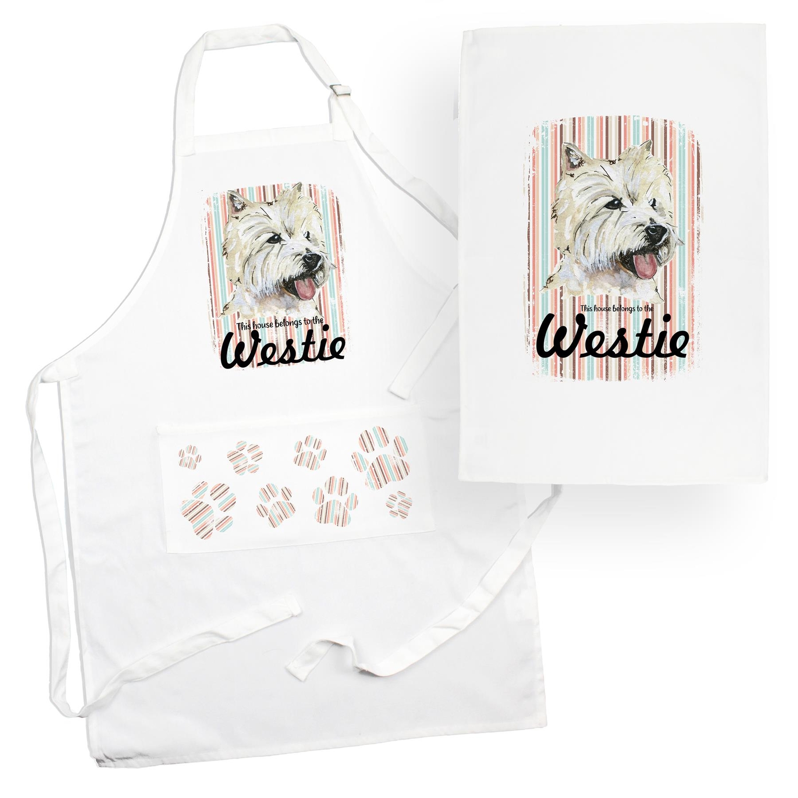 Westie Tea Towel & Apron Set - Dogs & Paw Prints Kitchen Linens Gifts