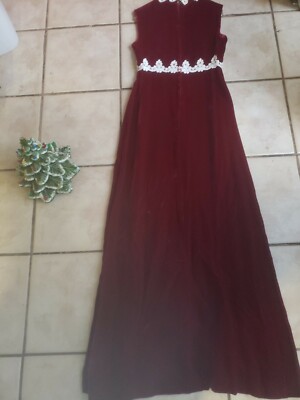 Vtg 70's maroon burgundy velvet formal holiday Lace Trim Maxi Dress medium  | eBay