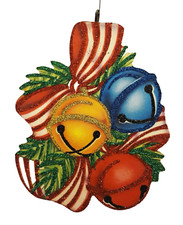 RED, BLUE  YELLOW JINGLE BELLS in PINE  Glitter CHRISTMAS ORNAMENT  Vtg Img