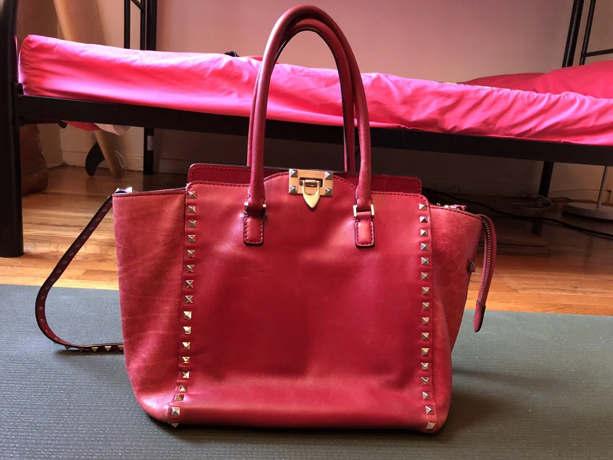 Valentino Red Calfskin Leather Rockstud Double Handle Tote Bag