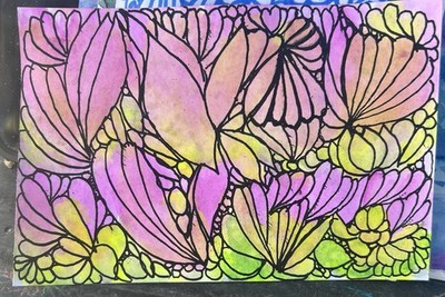 Original abstract floral drawing in ink on paper, botanical illustration art