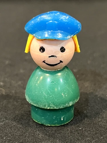 Vintage Original Fisher Price Little People All Plastic Green Base Blue Hat