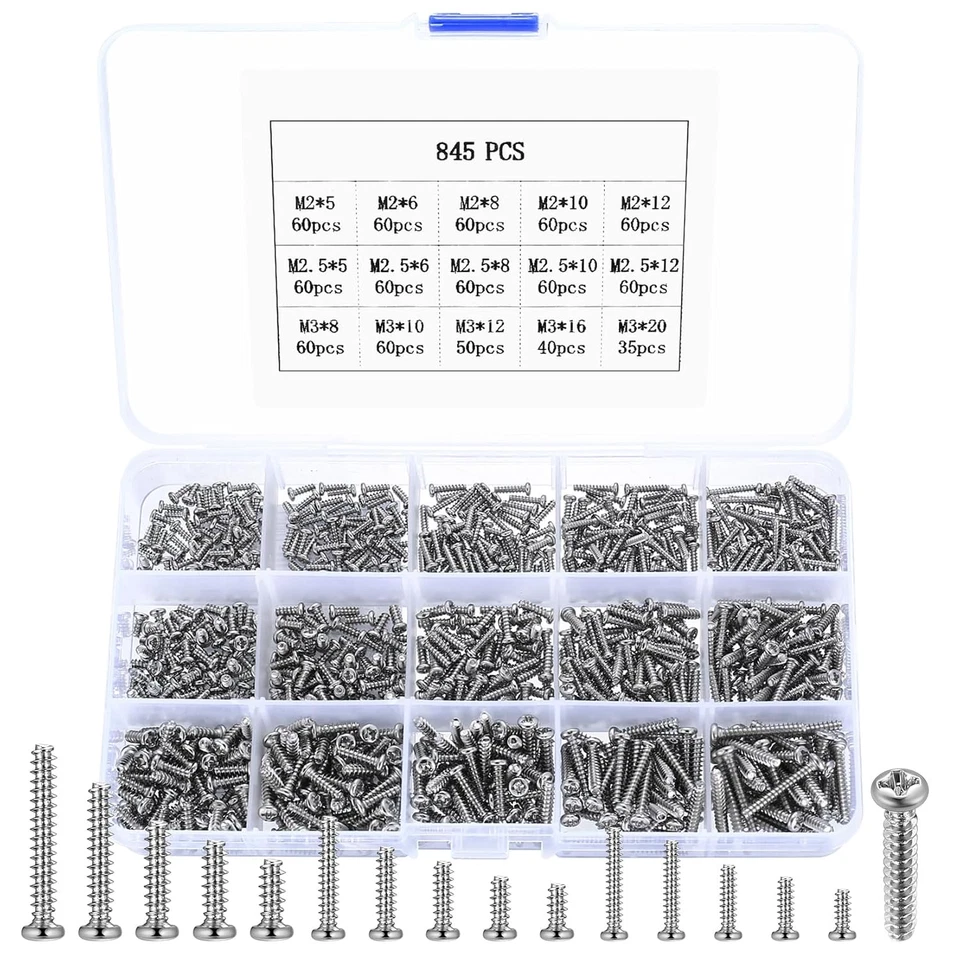 M2 M2.5 M3 Self Tapping Screws, 845 Pcs Assorted Wood Screws Assortment Set, Cro