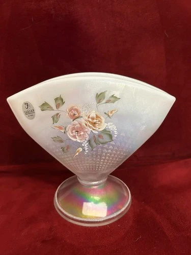 FENTON White Opalescent Hand Painted Floral Fan Vase - Signed, Romance Edition