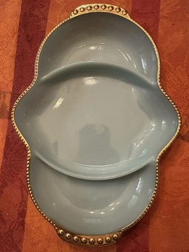 VTG 1956 FIRE KING Turquoise Blue 3 Section Oven Ware Dish-22K Gold Trim-11"-EUC
