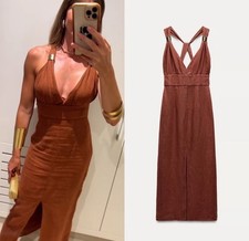 ZARA Linen Midi Copper Dress Brown Strappy V-Neck Sleeveless