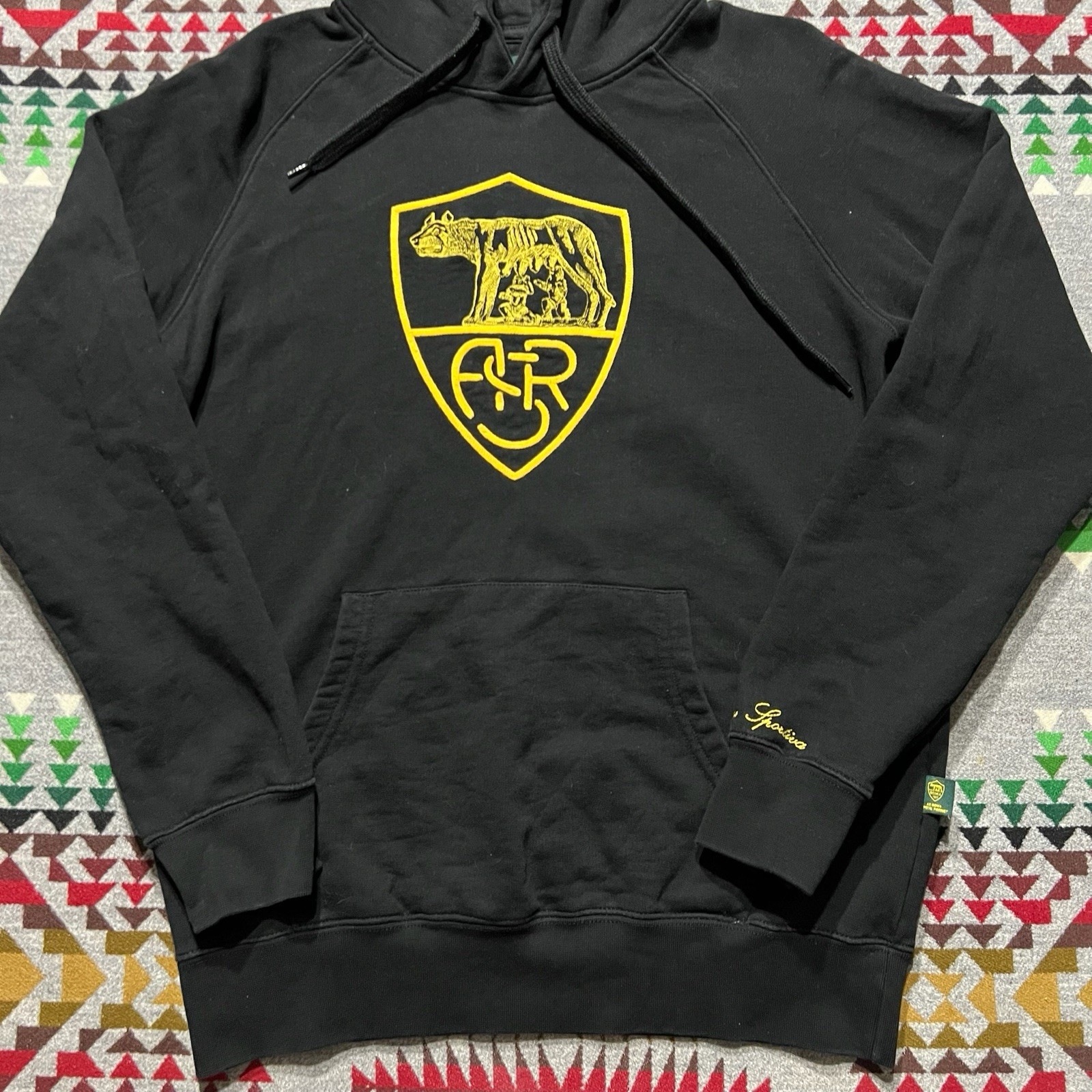 AS Roma Italian Hoodie Mens Medium Black Embroidered Pullover Sweatshirt Logo D6