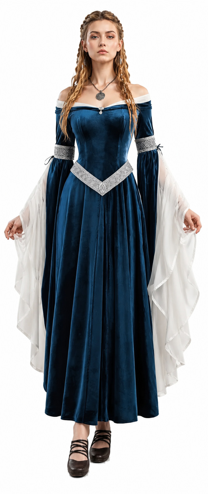 Mujer Vikingo Medieval Renacimiento Azul Terciopelo Vestido Princesa Nórdica Disfraz